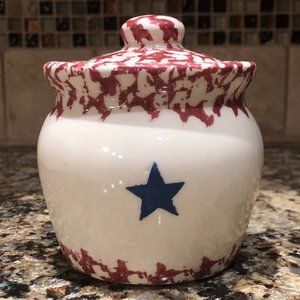 Gerald E Henn - Roseville Spongeware "Old Glory" American Blue Star Sugar Bowl